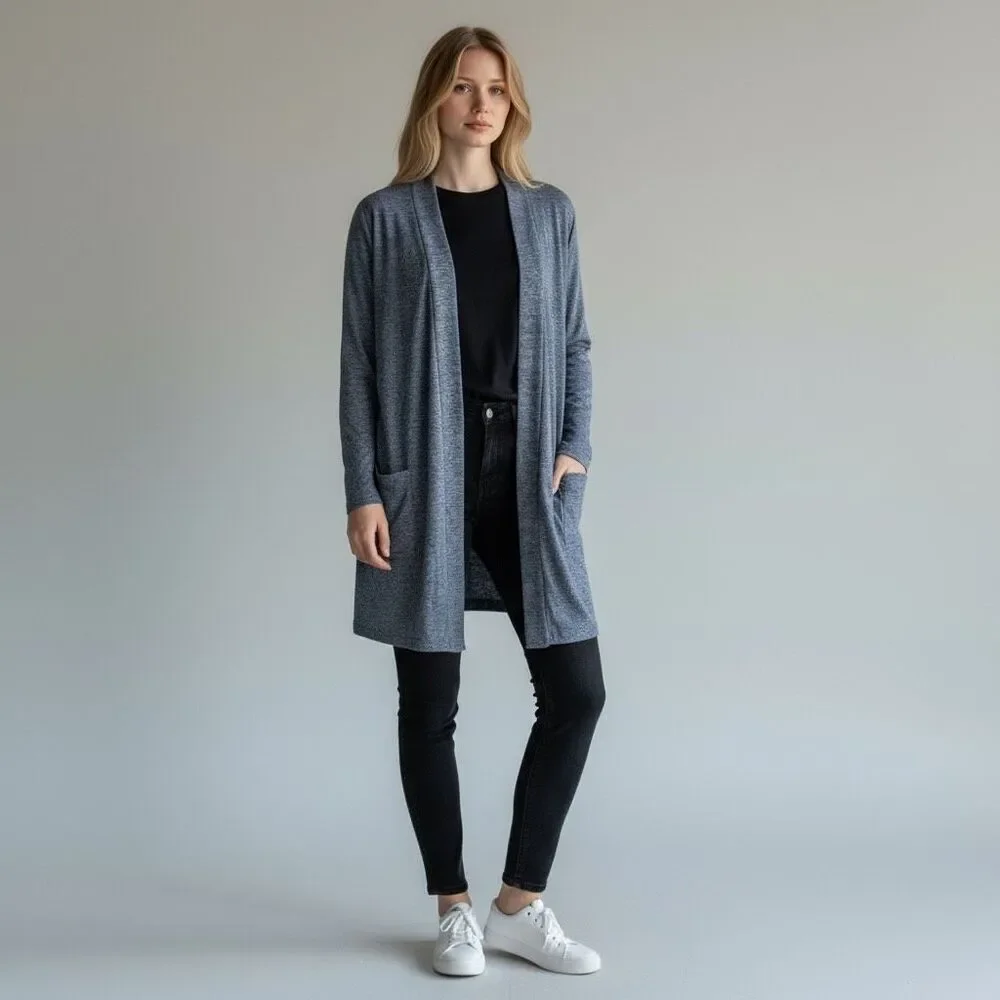 42POPS NWOT Blue & White Open Cardigan Long Sleeve with pockets stretchy size L